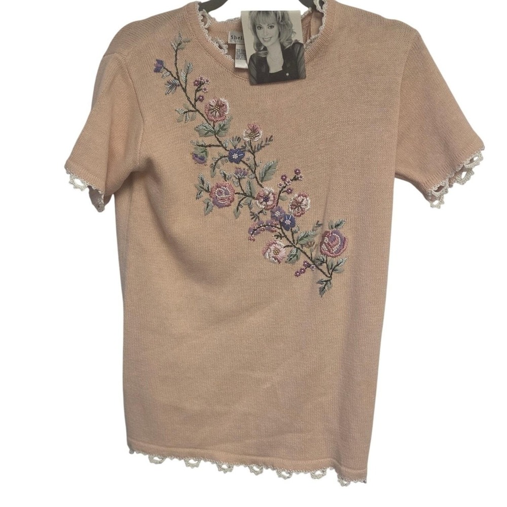 Vintage Deadstock Floral Embroidered‎ Bead Knit Sweater Lace Trim Short Sleeve S